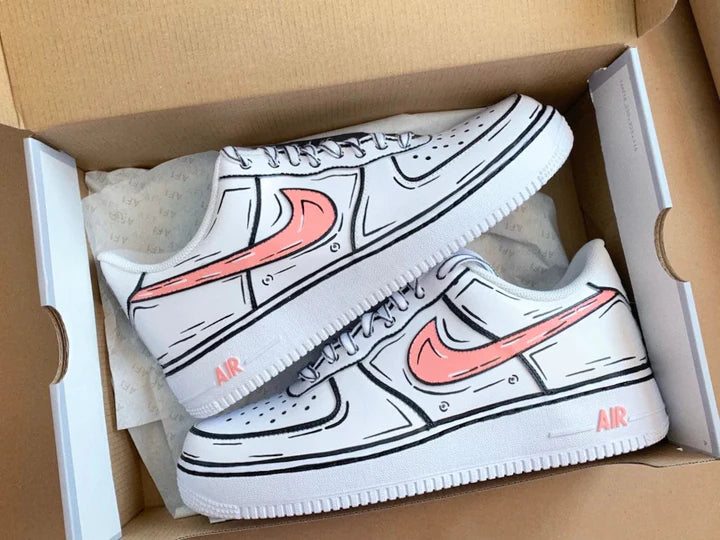 Air Force 1 Custom Shoes Low Cartoon Red Swoosh Black Outline All Sizes Af1 Sneakers 7Y Kids (8.5 Women's)