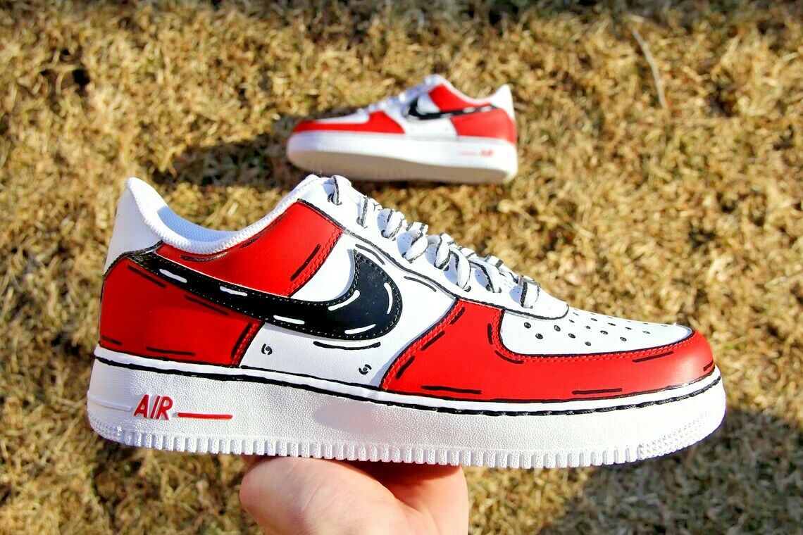 Nike Air Force 1 Cartoon Red Custom Shoes Low Swoosh Black Outline All Sizes