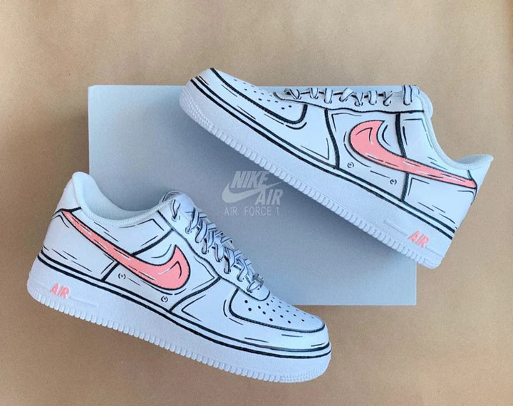 Air Force 1 Custom Shoes Low Cartoon Red Swoosh Black Outline All Sizes Af1 Sneakers 7Y Kids (8.5 Women's)