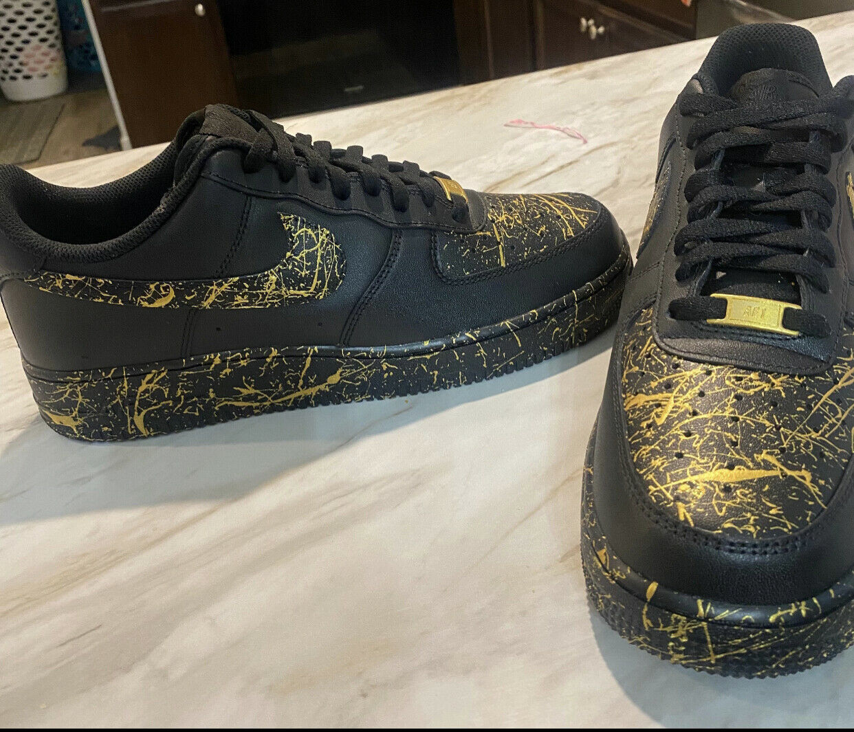 Air Force 1 Custom Splatter 🎨 Gold Teal Black White Shoes Sneakers Mens  Womens