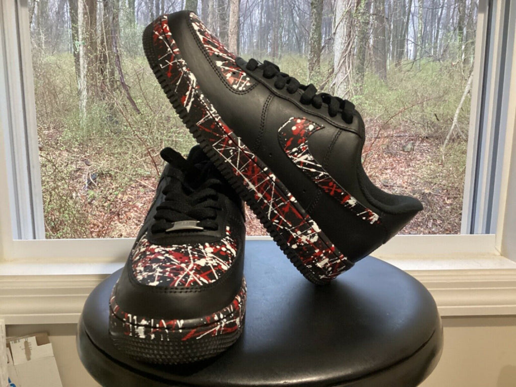 Air Force 1 Splatter Red White Custom Black Shoes Sneakers Kicks Mens Women  Kids