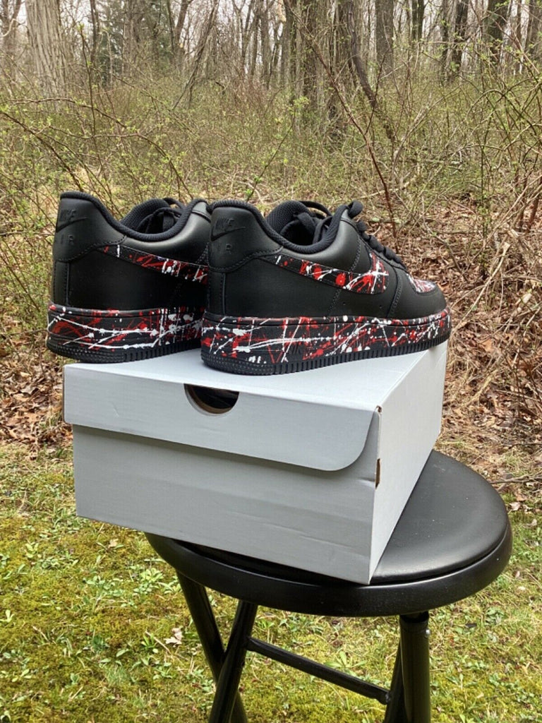 Air Force 1 Splatter Red White Custom Black Shoes Sneakers Kicks Mens Women  Kids