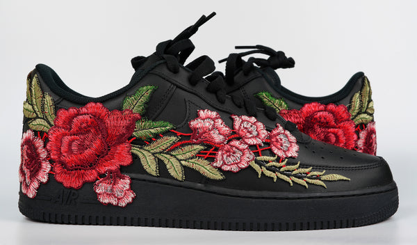 Nike Air Force 1 Custom Black Rose Shoes Low Long Red Flower Floral Design Men Women Kids All Sizes Side to Side