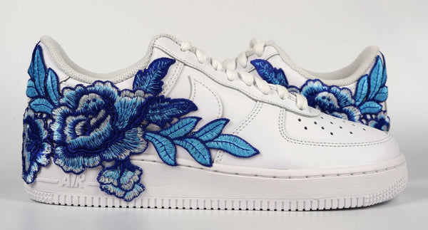 Nike Air Force 1 Custom Low Blue Rose Flower Floral White Shoes Mens Womens & Kids Front to Back