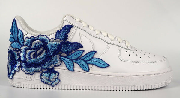 Nike Air Force 1 Custom Low Blue Rose Flower Floral White Shoes Mens Womens & Kids Side