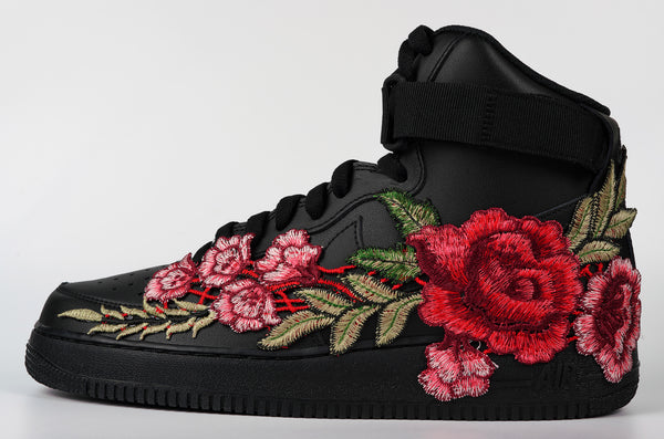 Nike Air Force 1 Custom Shoes High Black Red Rose Flower Floral Men Women Kids All Sizes Rear Side