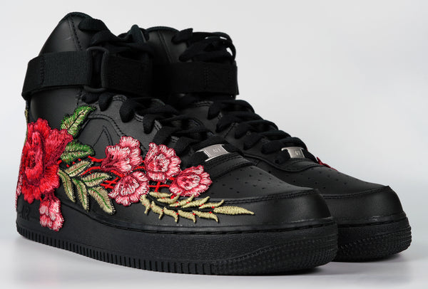 Nike Air Force 1 Custom Shoes High Black Red Rose Flower Floral Men Women Kids All Sizes Front