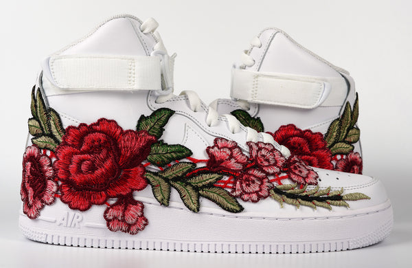 Nike Air Force 1 Custom Shoes High Red Rose Flower Floral White Men Women Kids All Sizes Side to Side