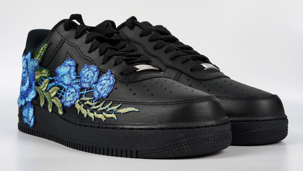 Nike Air Force 1 Custom Rose Blue Black Shoes Low Long Flower Floral Design Men Women & Kids All Sizes Side to Side
