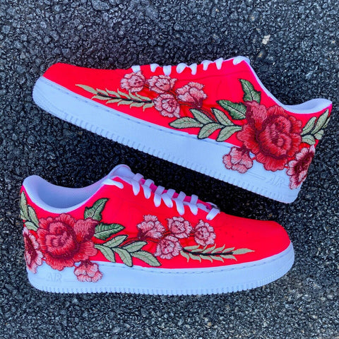 Air Force 1 Custom Low Neon Pink Red Rose Floral White Shoes Men Women AF1 Sneakers