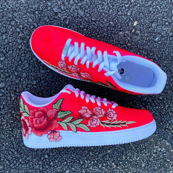 Air Force 1 Custom Low Neon Pink Red Rose Floral White Shoes Men Women AF1 Sneakers 3