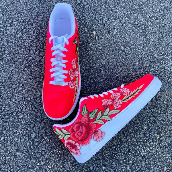 Air Force 1 Custom Low Neon Pink Red Rose Floral White Shoes Men Women AF1 Sneakers 4