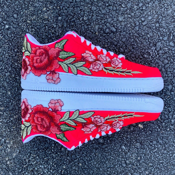 Air Force 1 Custom Low Neon Pink Red Rose Floral White Shoes Men Women AF1 Sneakers 6