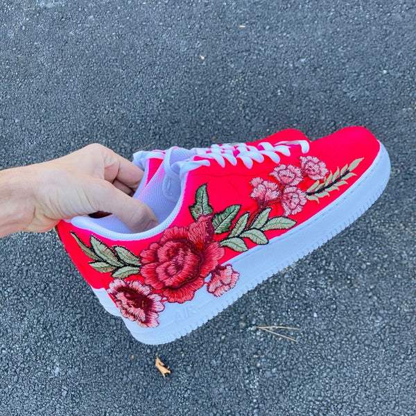 Air Force 1 Custom Low Neon Pink Red Rose Floral White Shoes Men Women AF1 Sneakers 9