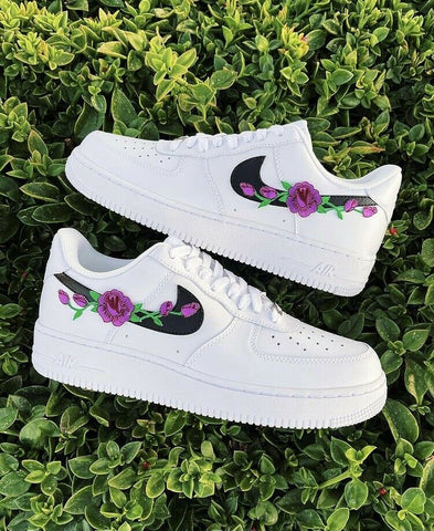 Air Force 1 Custom Low Purple Rose Floral White Black Shoes Women Kids AF1 Sneakers