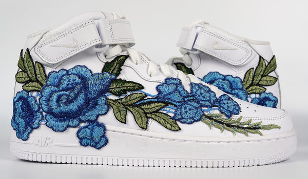 Nike Air Force 1 Custom Mid Blue Rose Shoes Flower Floral White All Sizes Men Women & Kids Front to Back