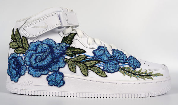 Nike Air Force 1 Custom Mid Blue Rose Shoes Flower Floral White All Sizes Men Women & Kids Side