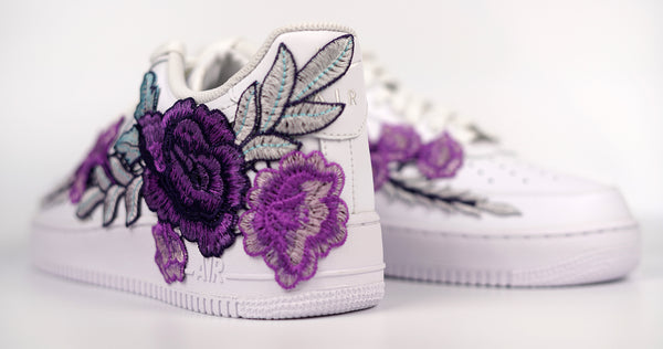 Nike Air Force 1 Custom Purple Rose Shoes Low Flower Floral White Men Women & Kids All Sizes Rear Side